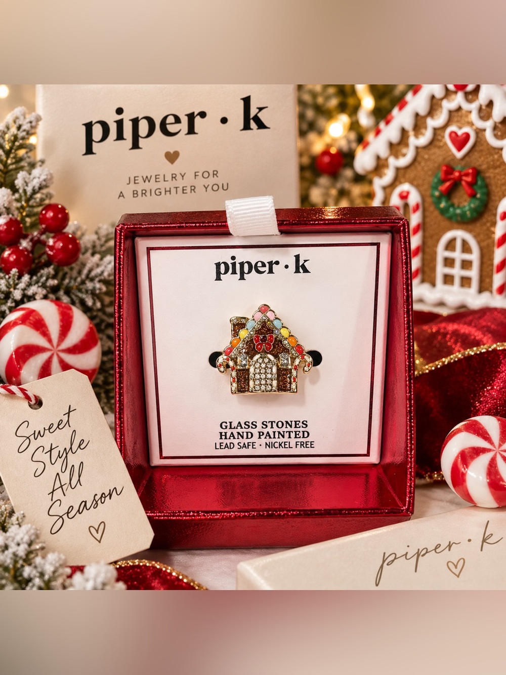 Piper K Gingerbread House Candy Christmas Ring Glass Stones Hand Painted